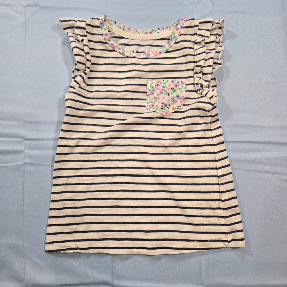 Cherokee Toddler Girls Striped Flutter Sleeve Shirt Floral Pocket Blue White 3T - Picture 2 of 8